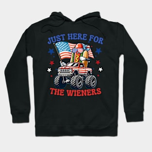 Hot Dog I'm Just Here For The Wieners 4th Of July Sunglasses Monster Truck American Flag Hoodie